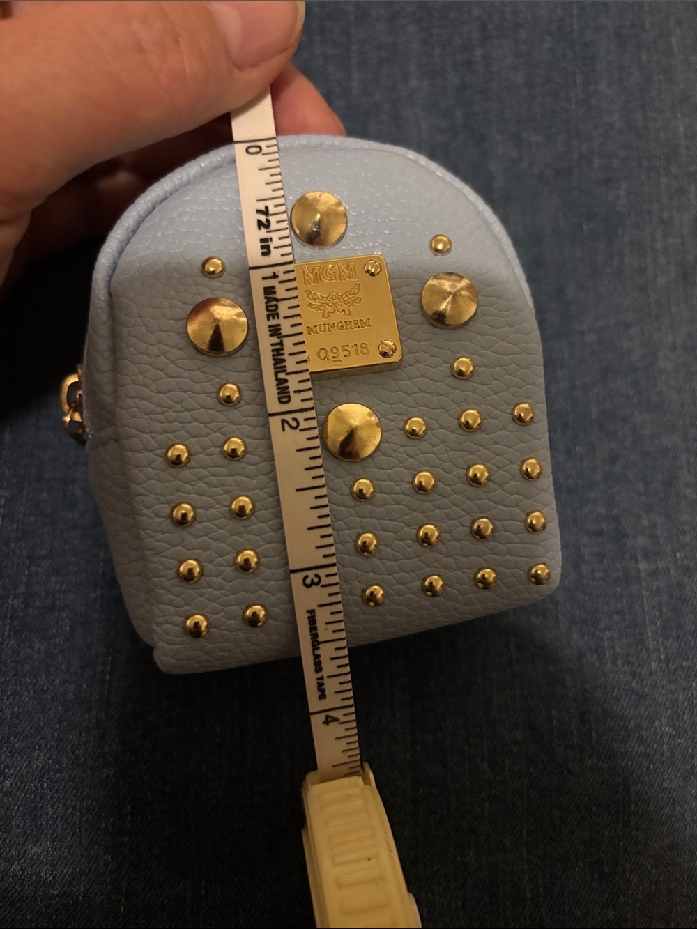 Light Blue Studded Mini Keychain Backpack Bag with Gold Hardware - Picture 9 of 11